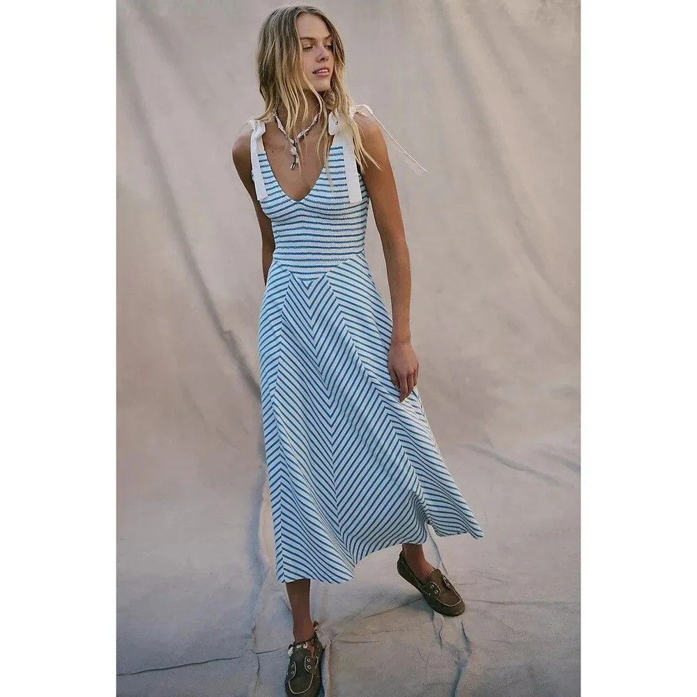 Free People Free-est Cecelia Midi Dress Striped Printed Smocked Cotton M 286355